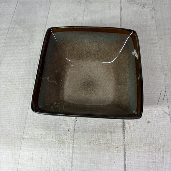 Gibson Elite TEQUESTA Taupe Blue Edge Square Stoneware Soup Cereal Bowls Set 4 - Picture 2 of 16